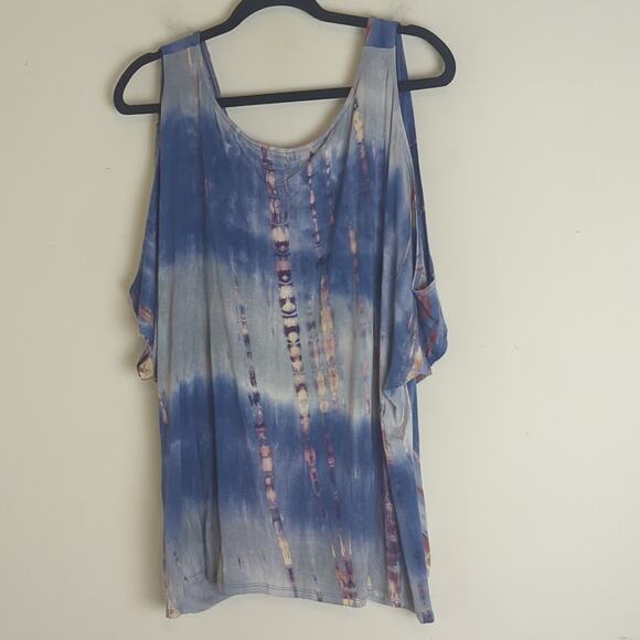 Tie-dye Cold Shoulder Boho Stretch Jersey Knit Knotted Top Women's 1X - Picture 8 of 8